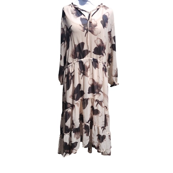 Simply Vera Vera Wang Dresses & Skirts - Simply Vera Vera Wang XXL Cream Brown Floral Tiered Chiffon Midi Dress Tie Neck